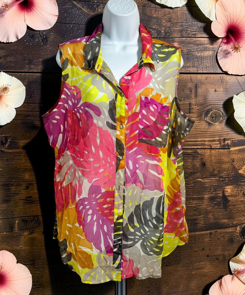 Liz Claiborne Sleeveless Button Front Blouse Sz XL Semi Sheer Colorful Palm Top